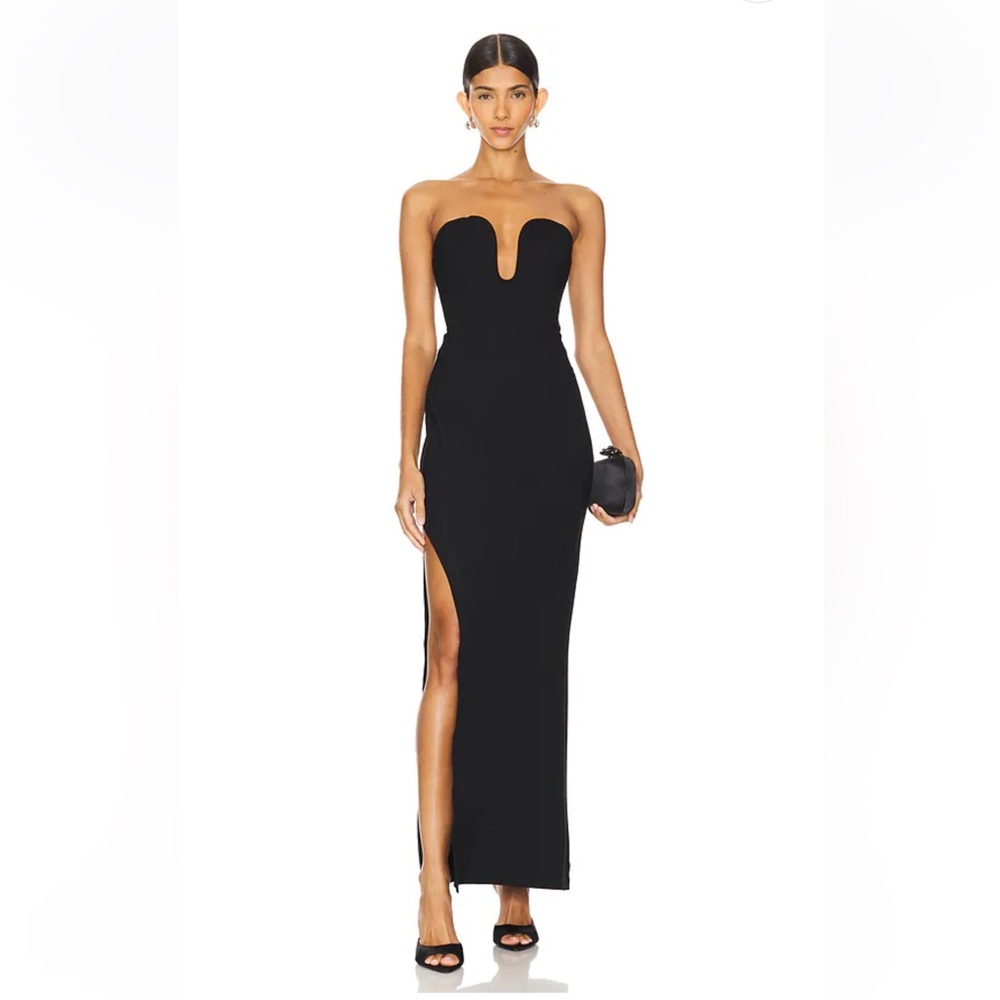 elliatt eden black strapless U frame bust side slit maxi gown dress size XS NEW